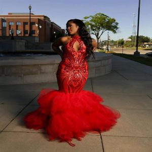 Gorgeous Red New Arrival Sexy Plus Size Sparkly Mermaid Evening Dresses Long High Neck Ruffles Tulle Sequined Black Girls Custom M205S