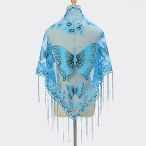 Scarves Sexy Hollow Tassel Triangular Lace Scarf Butterfly Printed Wedding Cloak Cape Women Summer Long Sun Beach Towel Sunscreen Shawl