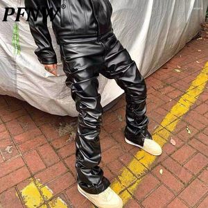 Calças masculinas pfnw primavera verão plissado pu couro hiphop streetwear maré nicho chique lazer reto calças magras 28a0537