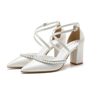 Frauen hohe Kleiderheels sexy Pumpe Hochzeit Brautschuhe Perle Dicke Zehen Spring Sandalen Schuhsandale