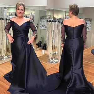 2019 Ny off -axel Navy Blue Mother of the Bride Dresses Crystal Pärlade långa ärmar Satin Plus Size Party Dress Wedding Guest 248C