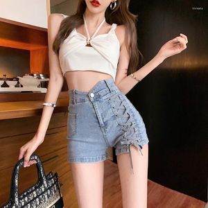 Shorts feminino sexy cintura ultra alta Spice Girl com cadarço design Sense jeans feminino 2023 verão emagrecimento exterior desgaste linha A