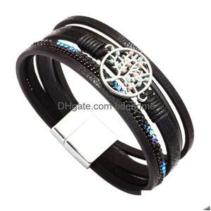 Braccialetti con ciondoli Bracciale Albero della vita Fibbia magnetica Pelle PU intrecciata Mtilayer Wrap Bracciale Bangle Cuff Gioielli di moda per Drop Dhvqz