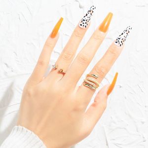 Unhas postiças 24 pçs Douyin Leopard Nail Press On Korea Adesivo Reutilizável Longa Bailarina Manicure Francesa de Cor Sólida Cobertura Completa