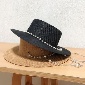 Wide Brim Hats Bucket Hats Women Summer Hats Straw Sun Hat Panama Elegant Straw Fedoras Lady Girl Outdoor Vacation with Pearl Chain Sunshade Beach Hat 230721