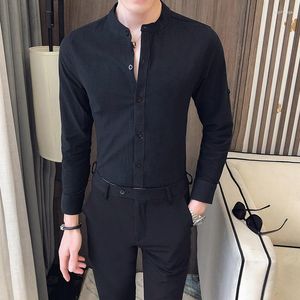 Men's Casual Shirts Slim Spring Fit Dress Streetwear Social Night Club Clothes Blouse Homme Korean Men Stand Long Sleeve Shirt