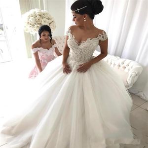 Newest Short Sleeve Ball Gown Wedding Dresses Appliques Beaded Lace up Back Tulle Bridal Gowns Princess Plus Size Bride Wedding Go294N