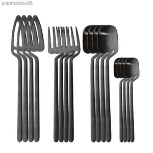 16pcs/Set Black Matte Setlery 304 Zestaw stali stalowej ze stali nierdzewnej Knife widelc łyżka zestaw stołowych kuchennych Zestaw stolików L230704