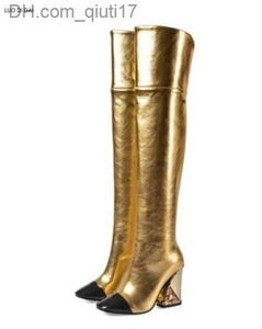 Boots 2019 Новые женские бедры высокие ботинки кусочки сапоги на каблуках Women Vintage Diamond Booties Золотые ботиль