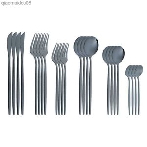 Stainless Steel Tableware Black Portuguese Cutlery Spoon 24-piece Western Dessert Spoons coffee Knife Fork spoon 6-Pieces per S L230704