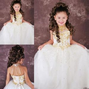2109 White Tulle Princess Wedding Flower Girls' Dresses with Gold Beaded Lace Up Back Pageant Party Formal Dress287l