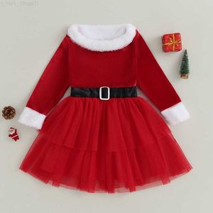 Pullover 3-7Y barn- och flickans fest röd sammet klänning jul baby långärmad tututu klänning med barns höst- och vinterkläder Z230724