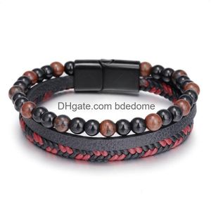 Charm Armbänder Einfache Leder Stein Tigerauge Perlen Strang Armband Armreif Manschette Armband Geflochtene Mtilayer Wrap Hip Hop Mode Jewe Dh4Ry