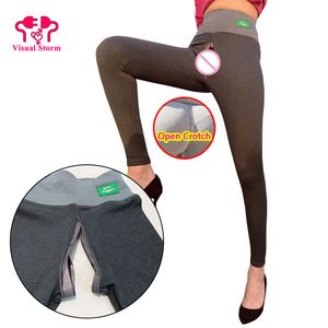 Legging feminina sexy aberta na virilha Lingerie de lã de inverno ao ar livre fácil zíperes invisíveis calças quentes manter quente sem virilha