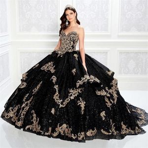 Shining Black Beaded Ball Gown Quinceanera Dresses Sweetheart Neck Lace Appliqued Prom Gowns Sequined Sweep Train Tulle Sweet 15 D2666