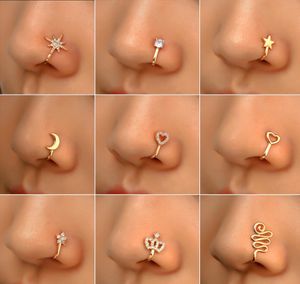 16 Styles Small Copper Fake Nose Rings For Women Non Piercing Gold Plated Clip On Nose Cuff Stud Girls Fashion Party Jewelry7809094