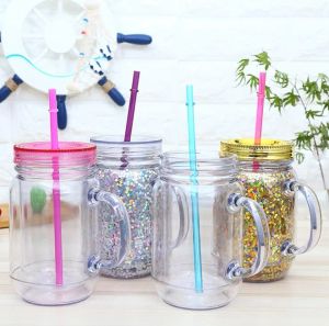 16oz snow globe pre-drilled acrylic Mason mug jar with handle straw lid double walled Plastic mason Cup Fruit Juice cold beverage drinking tumbler with hole plug JY24