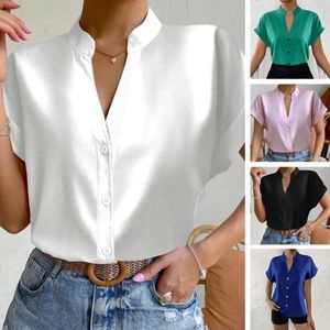 Women's Blouses Women Shirt V Neck Stand Collar Single-breasted Short Sleeve Solid Color Silky Smooth Formal Business Lady Top Blouse