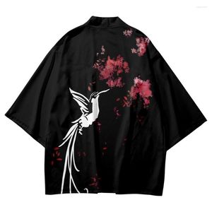 Abbigliamento etnico Estate Tradizionale Floreale Uccello Stampato Kimono Nero Vestiti Giapponesi Haori Cardigan Casual Uomo Donna Yukata Camicia Femminile