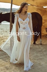 Grace greckie suknie ślubne plażowe Wewnętrzne koordyna odpinane rękawy skrzydłowe plisowane drapowane jedwabne tiul boho boho suknie ślubne