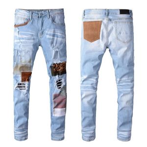 2021 Hip-Hop High-street Fashion Märke Jeans Retro Torn Fold Stitching Men's Designer Motorcykel Riding Slim-Mitterad avslappnad P247E