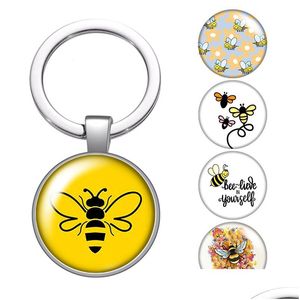 Keychains Lanyards Bee Happy Save The Bees Lovely Glass Cabochon Keychain Bag Car Key Rings Holder Charms Sier Plated Chains Women G Dhv5Q