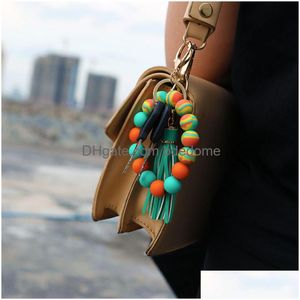 Charm Bracelets Strand Colorf Sile Beads Key Ring Beaded Bracelet Keychaintassel Chain Women Fashion Jewelry Drop Delivery Dhnj8