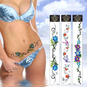 Adesivos de tatuagem de umbigo de flor sexy, barriga longa, cintura, braço, coxa, peito, à prova d'água, tatuagens temporárias para mulheres e meninas