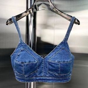 23 Colete feminino primavera verão colete jeans com decote em V top fino alça de ombro tipoia Colete canadá de alta qualidade Tops de sutiã para meninas quentes Par de calças largas de cintura alta P A N AAA