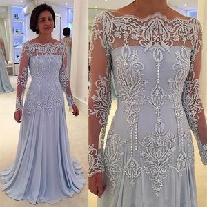 2020 Sexy Sky Blue Mermaid Mother of Bride Groom Dresses Long Sleeves Off Shoulders Lace Appliques Beaded Mother Dresses Wedding G246v