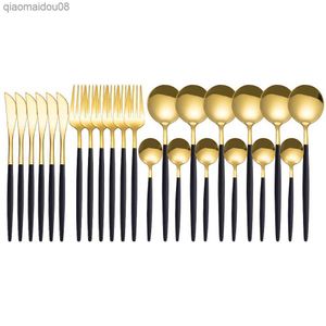 24pcs Gold Tableware Posate Dinner Set Coltello da bistecca Forchetta e cucchiaio Posate Stoviglie coperte Vaisselle in acciaio inossidabile dorato L230704