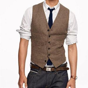 Moda Marrom Tweed Coletes Lã Espinha De Peixe Estilo Britânico Colete Masculino Slim Fit Sem Mangas Vestuário P001312w