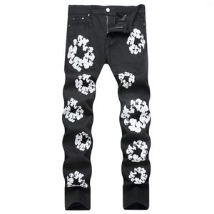 Calça masculina 2023 verão preto jeans estampado elástico ajuste fino pés pequenos cintura média casual