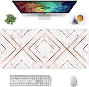 Extended Mouse Pad Big Mousepad Keyboard Mat Desk Pad with Non-Slip Base Stitched Edge 35.4 x 15.7 in Square White Marble