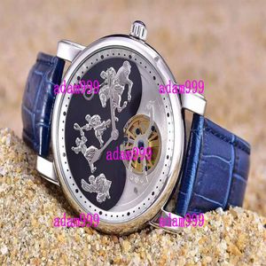 Top Brand New Mens Luxury Automatic Watch Stainelss Genghis Khan Tourbillon Black Blue Face Leather Strap For Men Mechanical Wrist1668