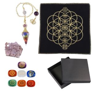 Jewelry Pouches 7 Chakra Crystal Stone Set With Flower Of Life Energy Mat Natural Amethyst Cluster Reiki Pendulum For Beginners Yoga