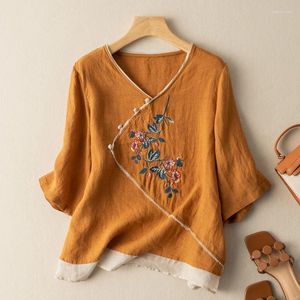 Herrenpullover im chinesischen Stil, Retro-Stil, geneigt, schräg, Knopf, Blusen, Baumwolle, Leinen, Hemden, Damen, Harajuku, Freizeithemd, Sommer, lose Stickerei