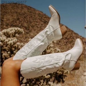 Boots BONJOMARISA White Cowboy Cowgirls Western Boots Embroidery Fashion Women KneeHigh Boots Autumn Design womens Boots Shoes 220816 Z230724