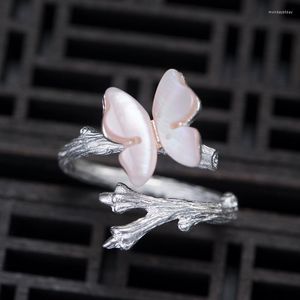 Cluster Rings S925 Sterling Silver Pink Shell Butterfly Ring Women's Branch Open Ethnic Style Art Jewelry Commercio all'ingrosso