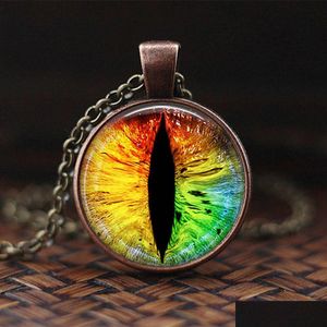 Pendant Necklaces New Fashion Personality Chain Vintage Dragon Eyes Statement Necklace Bronze Round Jewelry Glass Cabochon Women Drop Dhehd