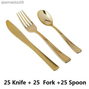 75-300pcs Disposable Wedding Plastic Gold Tableware Set Dessert Fork Ice Cream Spoon Knife Christmas Party Golden Dinnerware L230704
