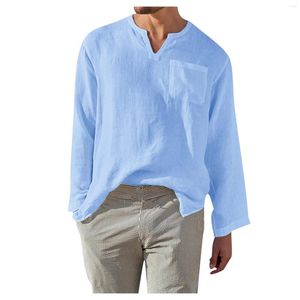 Camisas casuais masculinas blusa de linho de algodão respirável cor sólida manga longa gola alta blusa estilo praia plus size 2023