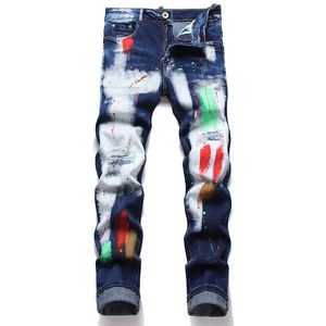 Blue Ripped White Paint Men's Jeans Fashion Slim Fit Denim Pants Spring Autumn Stretch Skinny Trousers