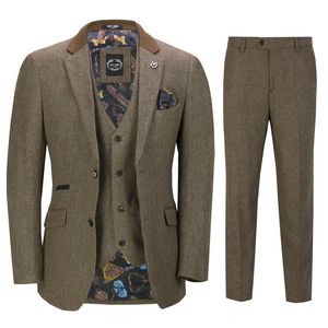 Męski 3 -częściowy kombinezon Tweed w brązowym retro szczytowe rolety