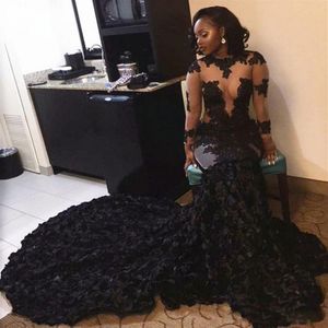 2K17 Black Lace Appliques Prom Dresses Cascading Ruffles Sheer Mermaid Long Sleeves Illusion Style Sweep Train Evening Gowns Party285t