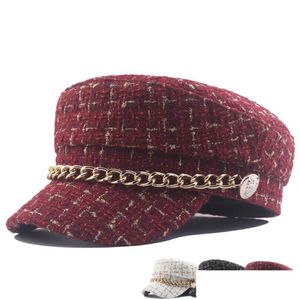 Newsboy Hats Women T Plaid Sboy Caps Chain Flat Top Visor Cap Vintage Military Female Autumn Winter Hat Drop Delivery Fashion Access Dhkwa