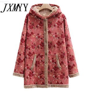 Kvinnorjackor 2023 Kvinnors vinterrock Vintage Women Coat Warm Printing Thick Fleece Hooded Long Jacket With Pocket Ladies Outwear Loose Coat L230724