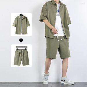 Agasalhos masculinos 2023 conjunto de camisa manga curta verão Harajuku cor sólida duas peças camisas masculinas casuais agasalho streetwear terno