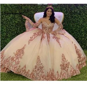Rose Gold Sparkly Quinceanera Prom Dresses 2022 Modern Sweetheart Lace Applique Sequins Ball Gown Tulle Vintage Evening Party240z