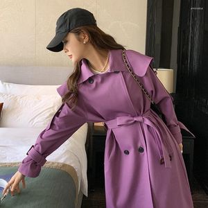 Trench da donna 2023 Giacca a vento viola Lungo sopra il ginocchio Primavera Stile retrò britannico Moda Cappotto casual Risvolto Doppio petto Z872